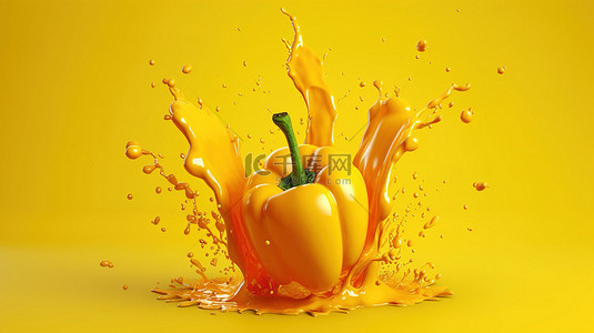 抽象背景下黄胡椒和果汁飞溅的充满活力和艺术性的 3D 渲染