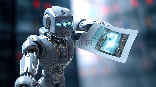 机器人手拿着带有个人照片和姓名的通行证的 3D 插图