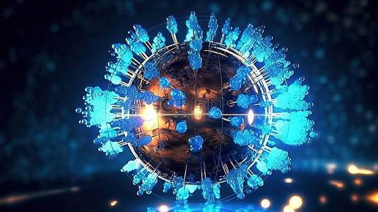 蓝色科技感电脑背景图片_技术中粒子能量驱动的蓝色球体的抽象 3D 渲染