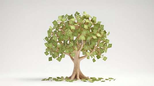 图解 3D 渲染金钱树投资概念在白色背景下与卡通风格设计的股市隔离