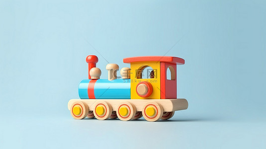 3D 渲染的蓝色背景上充满活力的儿童木制玩具火车