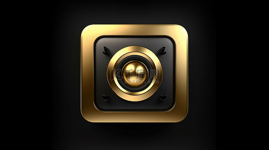 黑色方形背景图片_3D 渲染黑色方形按钮，带有标志性金色扬声器和界面 ui ux 元素