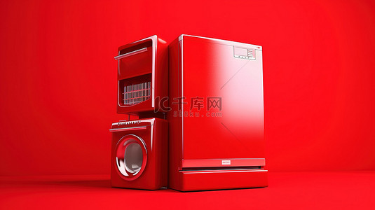 红色背景上厨房用具红色烤箱洗碗机和冰箱的单色红色 3D 图标