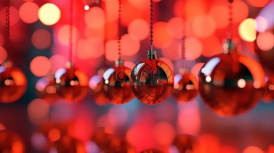 节日树上闪闪发光的花环上的装饰品在深红色背景下的详细拍摄，象征着3D渲染的新年