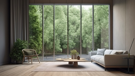 3D 室内场景和框架模型渲染了客厅的壮丽景色，大窗户俯瞰绿色花园角落