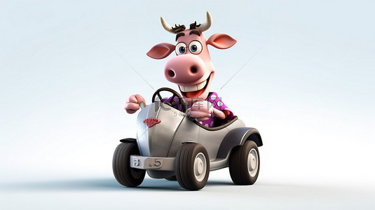 有趣的牛在车轮后面 3d 动画角色