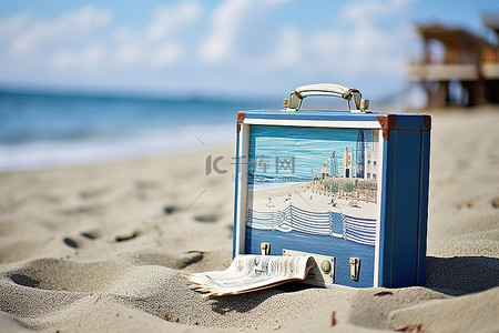 旅行背景图片_老式手提箱和房子照片在海滩上