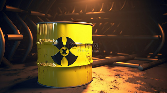 化石油工业背景图片_标有危险材料和细菌警告符号的黄色钢桶的 3D 渲染