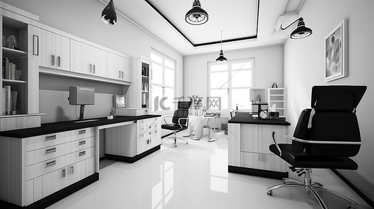 时尚黑白背景图片_带电脑听诊器和剪贴板的时尚黑白医疗办公室的 3D 渲染