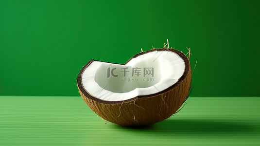 一片 3D 渲染的椰子，坐在郁郁葱葱的绿色桌子上