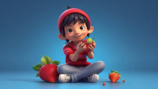 水果卡通男孩背景图片_可爱的 3d 卡通亚洲青少年享受草莓