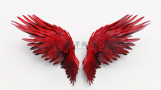 白色背景描绘了恶魔翅膀和恶魔羽毛的 3D 插图