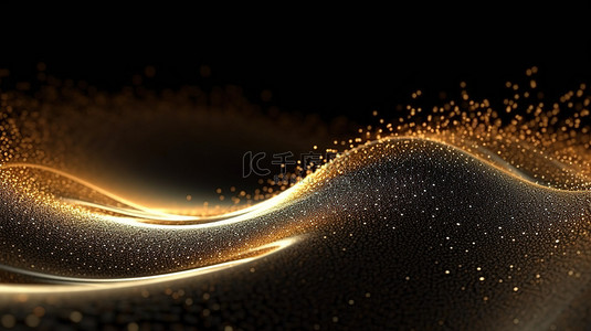 具有粒子效果的抽象金色和黑色数字波地板的 3D 渲染
