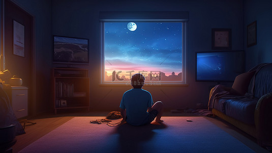 孤独的电影之夜 3D 渲染一个男人在家享受电影的插图