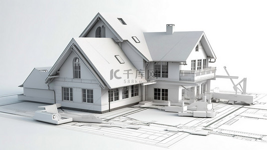 卡尺在白色背景下测量建筑师蓝图上的 3D 房屋设计