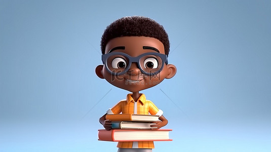 爱书的主角 3D 渲染一个年轻的非洲男子拿着一堆文学作品