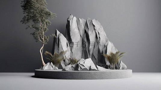 天然植物和岩石背景突出了灰色场景中的 3d 几何讲台