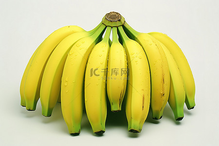 几个黄色的香蕉，顶部是绿色的