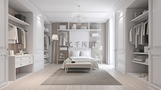 客房清理背景图片_带化妆桌的白色卧室和步入式衣柜的 3D 渲染