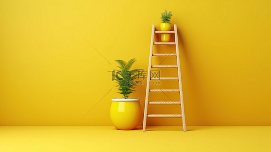 黄色工作室背景的 3D 渲染，带有象征未来增长和发展的阶梯