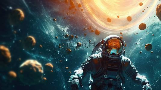 抽象科幻小说宇航员和深空中的系外行星以 3d 渲染