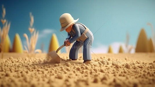 穿着工作服耕种土地的小农夫 3D 插图