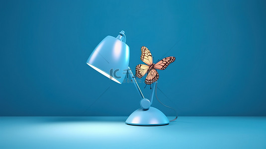 帝王背景图片_蓝色背景上现代蓝色台灯照亮的可爱蝴蝶的 3D 渲染