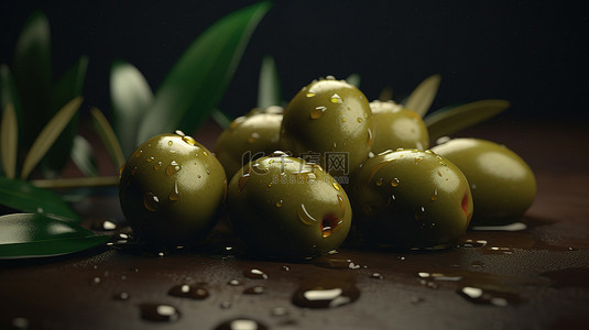 食品生鲜背景图片_生鲜橄榄与橄榄油泄漏和绿叶的 3D 插图