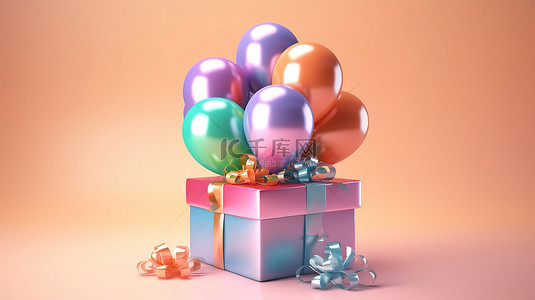 圣诞圣诞背景图片_带气球的节日礼品盒的 3d 渲染