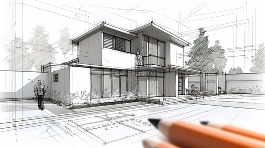 带注释的 3D 房屋渲染，带有手绘注释和指示