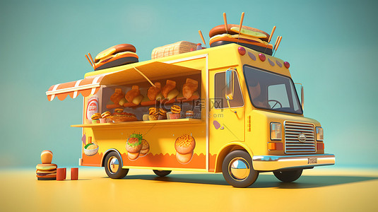 充满活力的 3D 渲染食品卡车热狗汉堡披萨和咖啡在轮子上