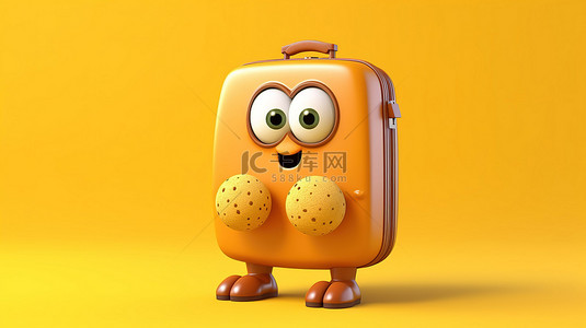色彩缤纷的鸡蛋吉祥物，配有橙色旅行箱，在充满活力的黄色背景 3d 渲染上