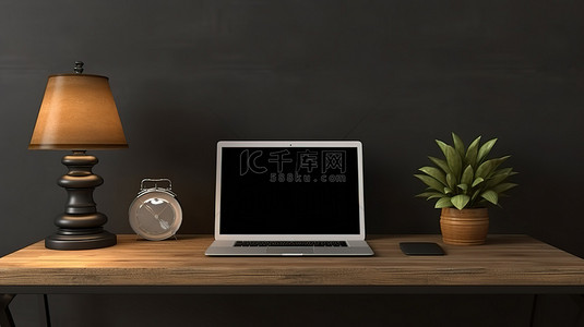 电脑背景图片_当代笔记本电脑桌的 3D 渲染，带有装饰元素和黑色背景上的空白空间