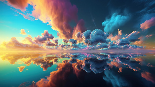 3D 渲染抽象天空与全息箔和云