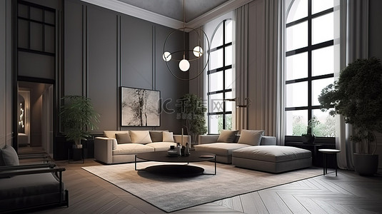 带高天花板的现代家具风格客厅 3D 渲染和室内场景图和模型