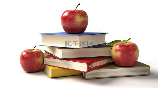 白色背景 3d 渲染上的一摞书和苹果