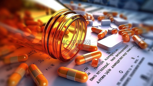 医生述职报告背景图片_包含药瓶和药片的 3D Rx 图像
