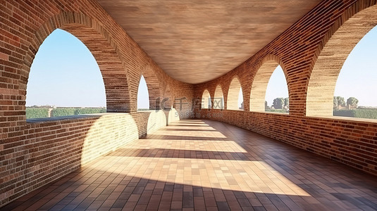 日光下的建筑概念 3D 呈现室外混凝土和砖桥墙的创意图像