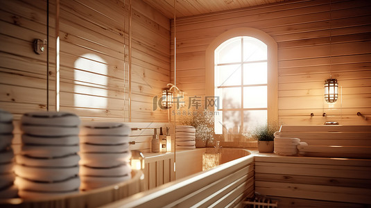 浴室内部极其特写的经典木制芬兰桑拿小屋的 3D 渲染
