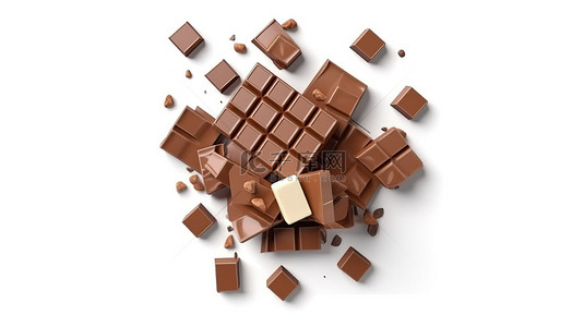 牛奶巧克力片和白色背景上隔离的巧克力棒的顶视图 3D 插图