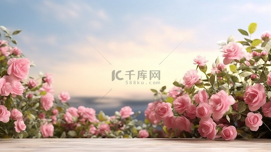 春天玫瑰田场景的 3D 渲染作为自然美讲台的背景