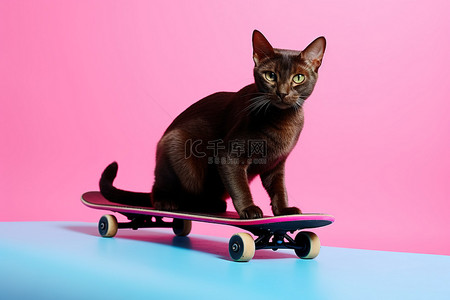 黑猫投诉背景图片_粉色玩具滑板上的黑猫