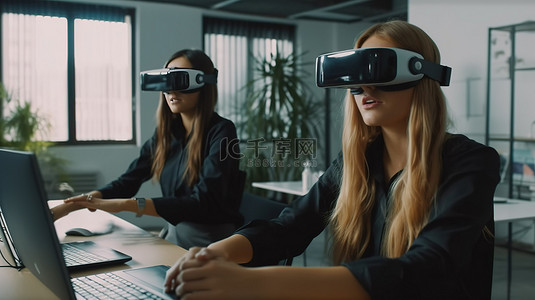 微笑的女人背景图片_女同事戴着 3D VR 护目镜和充满乐趣的视频享受工作休息