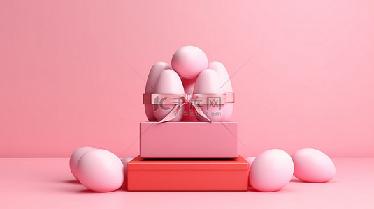 节日复活节彩蛋和礼品盒呈现在 3D 呈现的柔和粉红色背景上