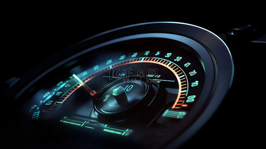 汽车仪表板的详细 3D 描述，带有车速表和转速表的特写