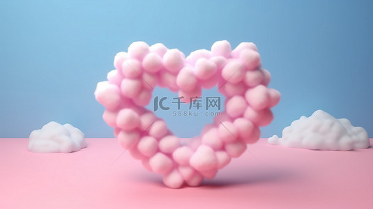 心形框架中的浪漫糖果云粉红色背景 3D 渲染