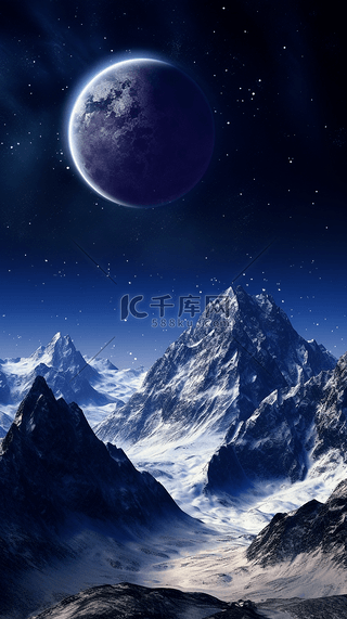 星空背景图片_月亮山脉雪山装饰图案星空风景