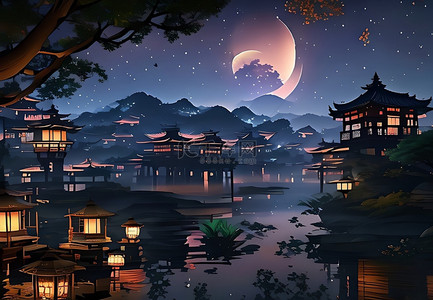 app启动页背景图片_中国风夜景插画