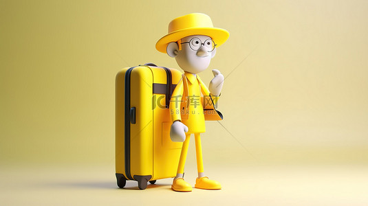 爸爸妈妈孩子背景图片_一位卡通旅行者带着黄色手提箱全神贯注于手机的数字插图