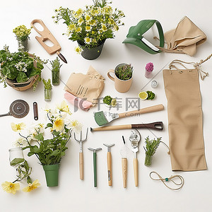 园艺工具背景图片_白色表面上摆放的一套园艺工具和用具